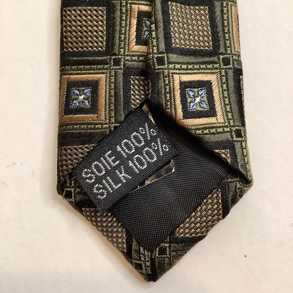 VINTAGE Italian Green & Gold Geometric Woven Silk Tie - Picture 8 of 12